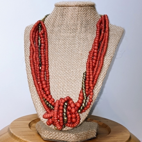 Vintage Jewelry - Vintage Red & Gold Coral Bead Knot Necklace